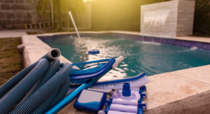 Pool with Pollen over it with tools around the outside of the pool